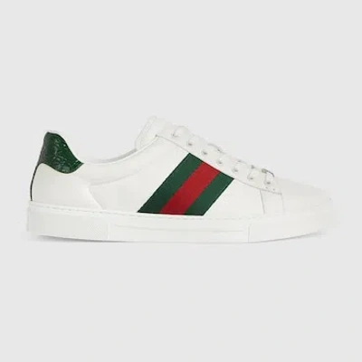 Gucci Ace Leather Sneakers With Lateral Web Band In White
