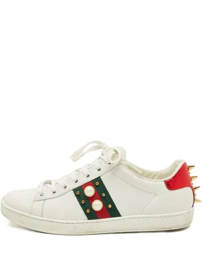 Pre-owned Gucci Ace Leather Pearl Sneakers In White