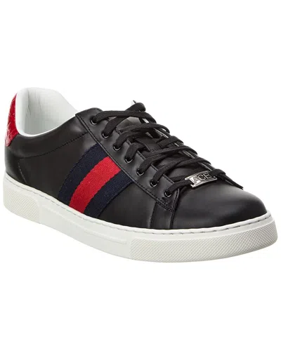 Gucci Ace Leather Sneakers With Lateral Web Band In Black
