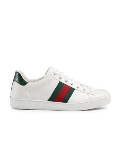 Gucci Ace Leather Sneakers With Lateral Web Band In White