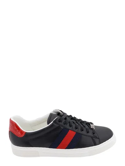Gucci Ace Leather Sneakers With Lateral Web Band In Black