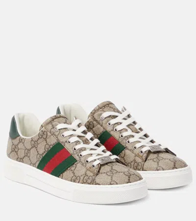 Gucci Ace Gg Supreme Metallic Watersnake-trimmed Logo-print Coated-canvas Sneakers In Beige
