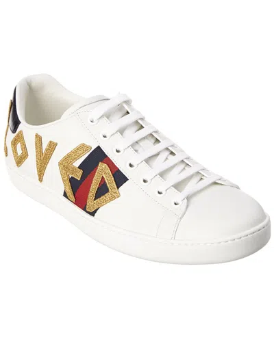 Gucci Ace Loved Embroidered Leather Sneaker In White