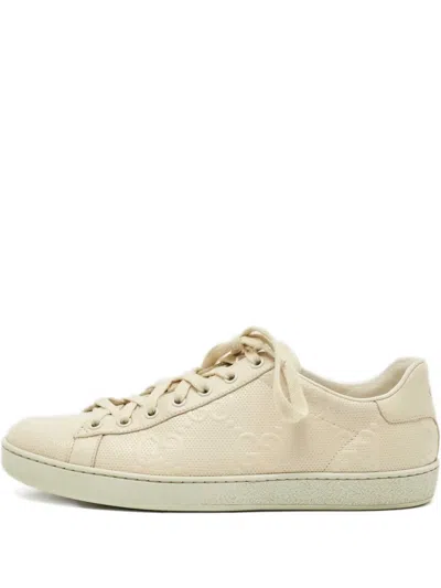 Pre-owned Gucci Ace Perforated Leather Lace-up Sneakers In Neutral