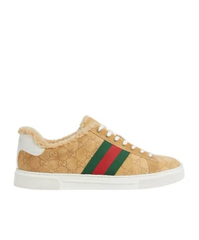 Gucci Camel Suede Ace Sneakers In Brown