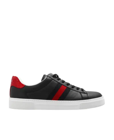 Gucci Ace Leather Sneakers With Lateral Web Band In Black