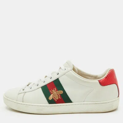 Pre-owned Gucci Ace Size 34.5 White Leather Bee Embroidered Low Top Sneakers