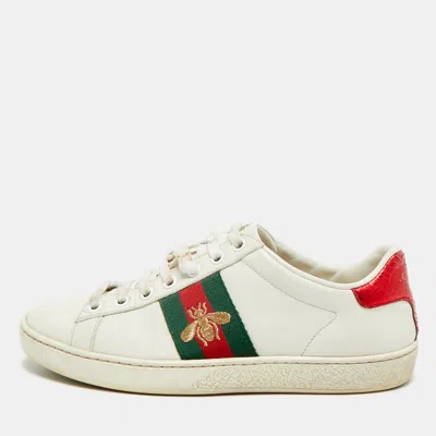 Pre-owned Gucci Ace Size 35 White Leather And Python Embossed Web Embroidered Bee Low Top Sneakers