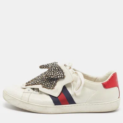 Pre-owned Gucci Ace Size 36.5 White Leather And Python Embossed Crystal Bow Web Low Top Sneakers