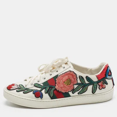 Pre-owned Gucci Ace Size 36.5 White Leather Embroidered Floral Lace Up Sneakers