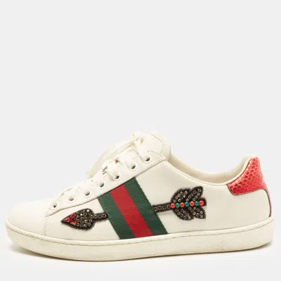 Pre-owned Gucci Ace Size 37 Leather And Python Embossed Web Arrow Crystal Embellished Low Top Sneakers In White