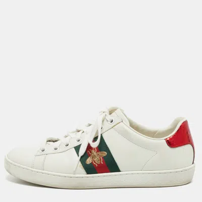 Pre-owned Gucci Ace Size 37 White Leather And Python Embossed Web Bee Low Top Sneakers
