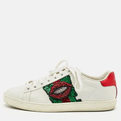 Pre-owned Gucci Ace Size 37 White Leather Python Embossed Web Crystal Lips Lace Up Sneakers