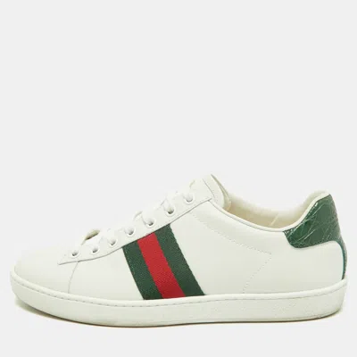 Pre-owned Gucci Ace Size 37.5 White Croc Embossed Leather And Leather Lace Up Sneakers