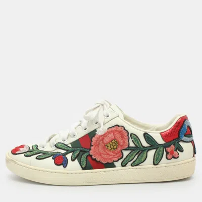 Pre-owned Gucci Ace Size 37.5 White Leather Floral Embroidered Low Top Sneakers