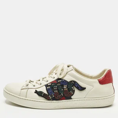 Pre-owned Gucci Ace Size 37.5 White Leather Lace Up Sneakers