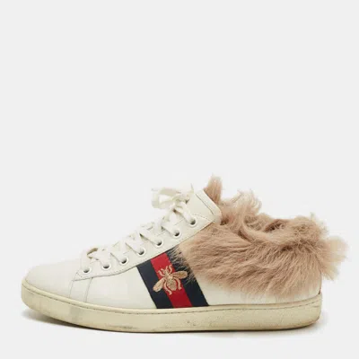 Pre-owned Gucci Ace Size 37.5 White/brown Fur And Leather Web Low Top Sneakers
