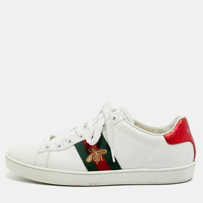 Pre-owned Gucci Ace Size 38 White Leather And Python Embossed Leather Low Top Sneakers