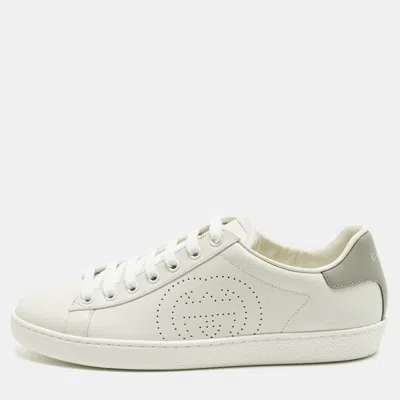 Pre-owned Gucci Ace Size 38.5 White Perforated Interlocking G Leather Low Top Sneakers