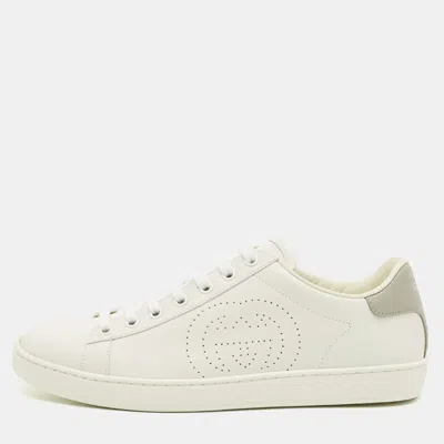 Pre-owned Gucci Ace Size 38.5 White Perforated Interlocking G Leather Low Top Sneakers