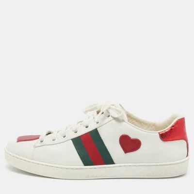 Pre-owned Gucci Ace Size 38.5 White/red Leather And Python Embossed Wed Heart Detail Low Top Sneakers