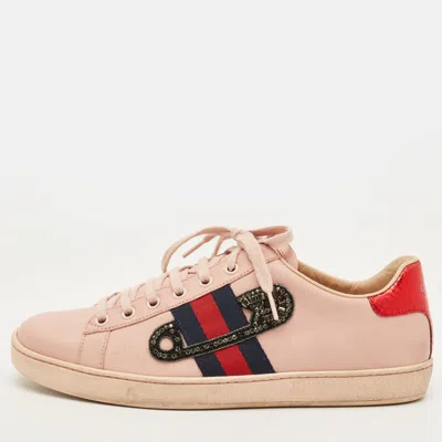 Pre-owned Gucci Ace Size 39 Pink Leather Lace Up Sneakers