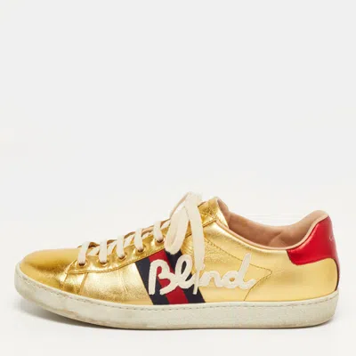 Pre-owned Gucci Ace Size 39.5 Metallic Gold Leather Web Blind For Love Low Top Sneakers