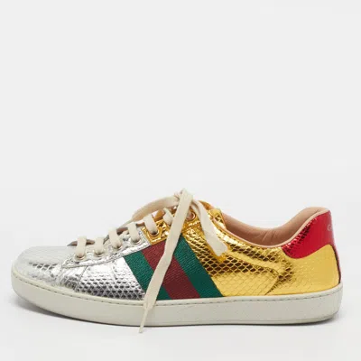 Pre-owned Gucci Ace Size 40 Gold/silver Python Embossed Leather Web Lace Up Sneakers