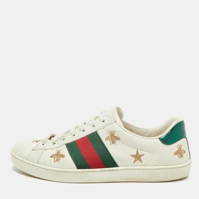 Pre-owned Gucci Ace Size 41 White/green Leather And Python Embossed Web Bee Low Top Sneakers