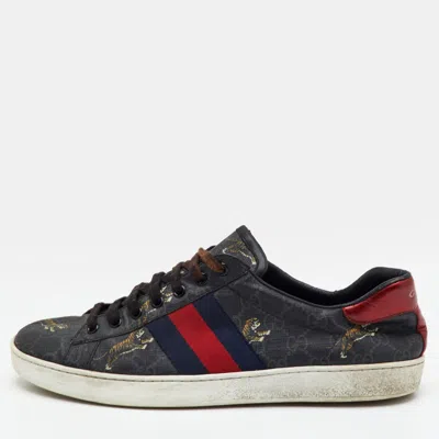 Pre-owned Gucci Ace Size 42 Black Gg Supreme Canvas Tiger Print Low Top Sneakers
