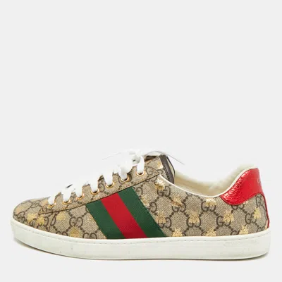 Pre-owned Gucci Ace Size 42.5 Beige Coated Canvas And Python Embossed Leather Sneakers In Sand
