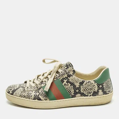 Pre-owned Gucci Ace Size 43 Cream Python Embossed Leather Lace Up Sneakers In White