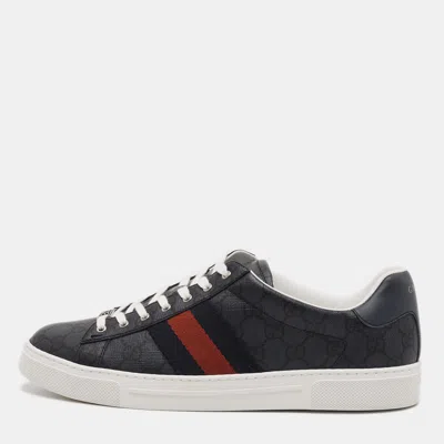 Pre-owned Gucci Ace Size 44 Blue/black Gg Supreme Canvas Low Top Sneakers