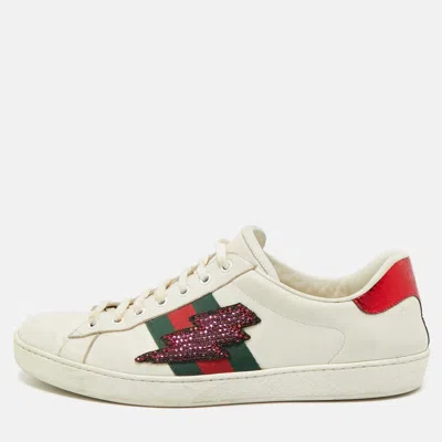 Pre-owned Gucci Ace Size 44 White Leather Disney 3 Little Pigs Embroidered Low Top Sneakers
