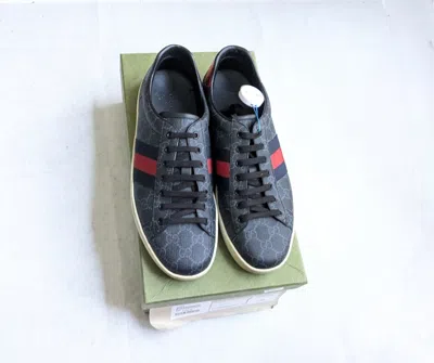 Pre-owned Gucci Ace Sneakers Monogram Black 10.5 Low Tops Gg Logo