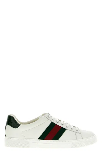 Gucci Ace Leather Sneakers With Lateral Web Band In White