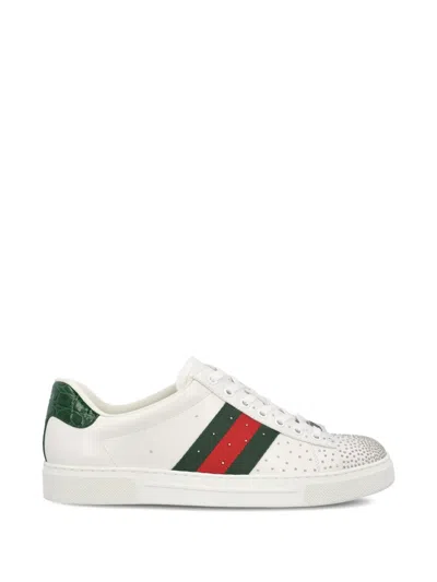 Gucci Leather Ace Sneakers Studded Heel Perforated Upper Rubber Sole In White