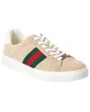 Gucci Beige Low Top Sneakers With Web Detail On The Side And Ace Plaque On The Front In Gg Canvas Wo In Brown