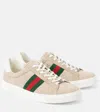 Gucci Beige Low Top Sneakers With Web Detail On The Side And Ace Plaque On The Front In Gg Canvas Wo In Multicoloured
