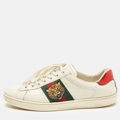 Pre-owned Gucci Ace Tiger Embroidered Size 42 White Leather Low Top Sneakers