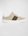 Gucci Beige Low Top Sneakers With Web Detail On The Side And Ace Plaque On The Front In Gg Canvas Wo In Oatmeal Oat