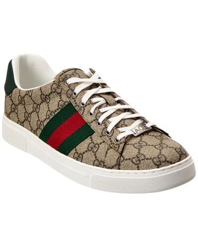 Gucci Ace Web Gg Supreme Canvas & Leather Sneaker In Brown