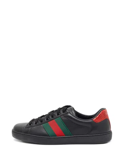 Pre-owned Gucci Ace Web Leather Sneakers In Black