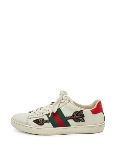 Pre-owned Gucci Ace Web Leather Sneakers In White