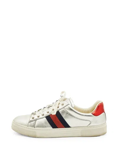 Pre-owned Gucci Ace Web Low-top Sneakers In Silver