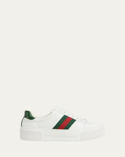 GUCCI ACE WEB MIXED LEATHER SNEAKERS
