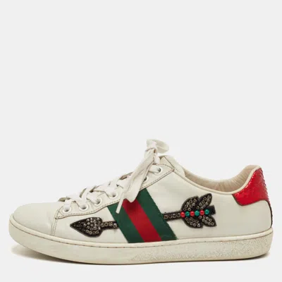 Pre-owned Gucci Ace Web Size 36 White Leather Arrow Embellished Low Top Sneakers