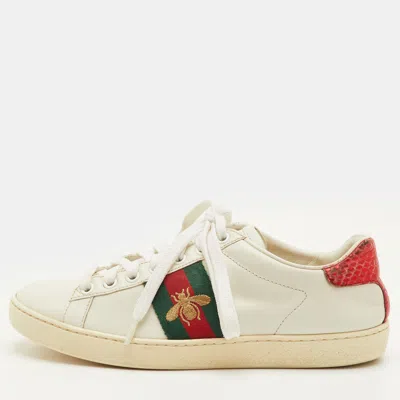 Pre-owned Gucci Ace Web Size 36 White Leather Bee Embroidered Low Top Sneakers