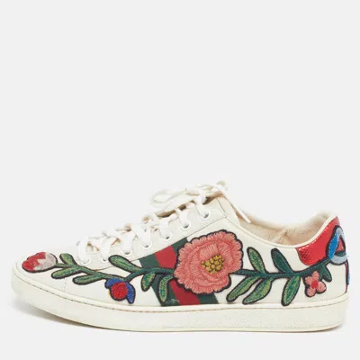 Pre-owned Gucci Ace Web Size 37.5 White Leather Floral Embroidered Low Top Sneakers