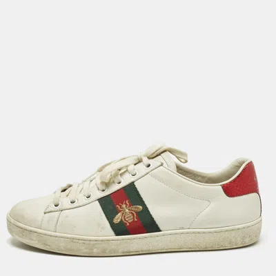 Pre-owned Gucci Ace Web Size 38 White Leather And Python Embossed Low Top Sneakers